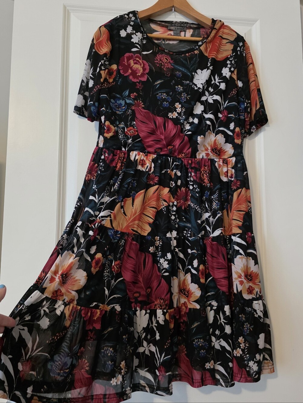 Floral Tropical Mesh Short Sleeve Dress Knee Length Womens L Love X Design Boho